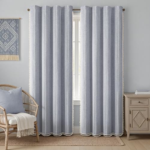 Blue 100% Boho Blackout Curtains 90 Inch 2 Panels with Tassels (Blue / 52"W x 90"L (Pack of 2))
