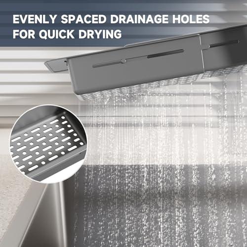 Extendable Kitchen Sink Caddy Extra Long Brush Sponge Storage Holder (Extra Long / Dark Gray)