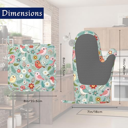Birds Floral Potholders & Oven Mitts Sets Colourful Flowers Silicone Heat Resistant Oven Mits and Hot Pads Non (Birds Floral,colourful Flowers)