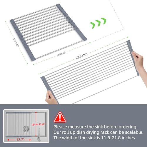 Expandable Roll Up Dish Drying Rack Up to 22.8''with 2 Storage Baskets (Gray)