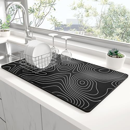 Dish Drying Mat for Kitchen Counter (Black Line Art / 15" x 24")