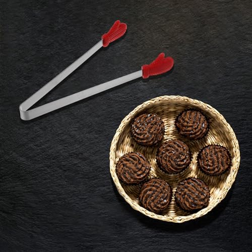 Mini Food Tongs 5.5" Gloves Shape Stainless Steel with Silicon Tips Small Cooking Tongs Kitchen Food Tongs Serving Tongs for Cooking Grilling BBQ Barbecue Kitchen (Red)