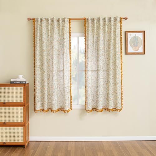 Floral Boho Linen Curtains 63 Inch Long 2 Panels Set with Yellow Tassels Farmhouse Semi Sheer Bohemian Living Room Bedroom Window Curtains Rustic Country Back Tab (Yellow and Green / 50"W x 63"L (Pack of 2))