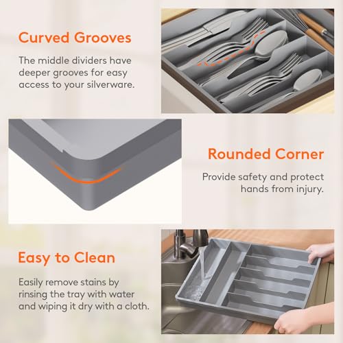 Silverware Drawer Organizer Tray (Gray / 12.3 x 16 inch (7 Slots))