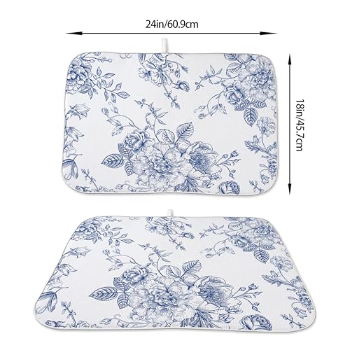 Chinoiserie Floral Dish Drying Mat 18 x 24 inch Vintage Blue Flower Decorative Drying Mats Microfiber Absorbent Dish Washable Draining Mat for Kitchen Counter Decor (18" x 18" / Chinoiserie)