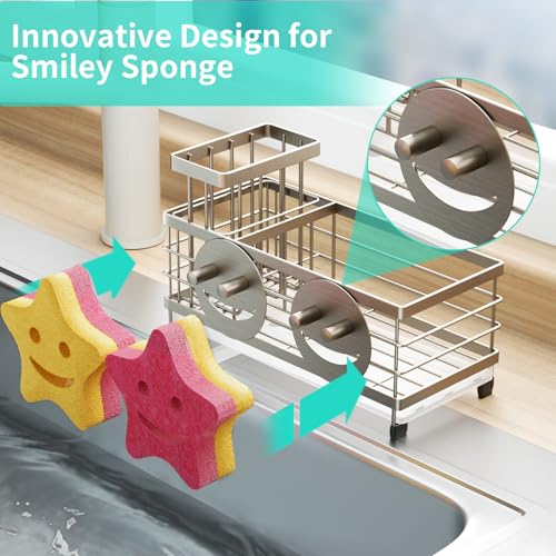 Sink Caddy Sponge Holder (Brushed Nickel / with Smiley Face Sponge Holder)