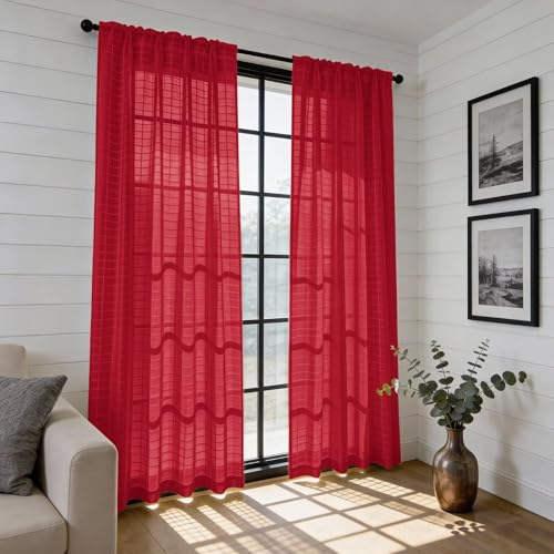 Check Sheer Curtains 72 Inches Long for Living Room (Check - Red / 52"W x 72"L (Pack of 2))
