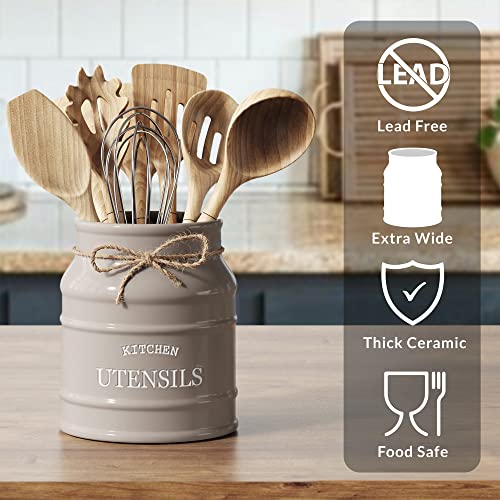 Ceramic Kitchen Utensil Holder Countertop 6.75″ (Taupe)