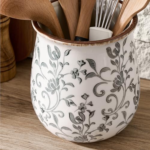 Utensil Holder for Kitchen Counter (Gray Flower Patterns)