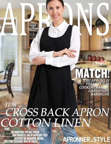 Cozy Adjustable Cross Back Aprons for Women with Pockets Cotton Linen Cooking Kitchen Baking Black (Black)