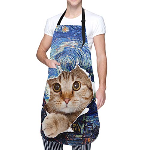 Cute Cat Apron with Adjustable Neck (33" x 28"(Pack of 1) / Art Sky Cat)
