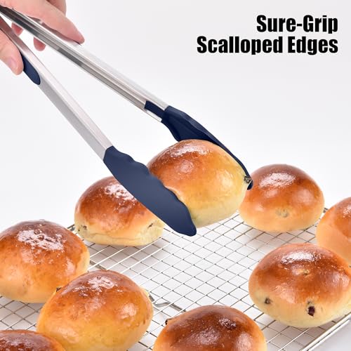 Kitchen Tongs with Silicone Tips for Cooking Serving (Set of 2 (9+12in) / Navy Blue)