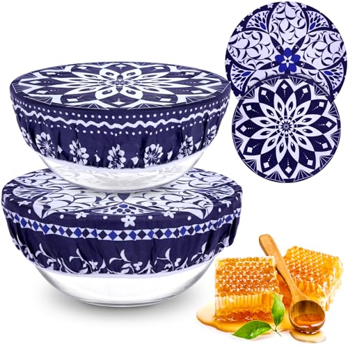 2 Large Reusable Beeswax Bowl Covers for Bread Proofing and Food Cover (Geometric Floral)