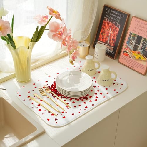 Valentines Day Dish Drying Mat 18 x 24 inch Red Hearts Decorative Drying Mats Microfiber Absorbent Love Heart Dish Washable Draining Mat for Kitchen Counter Decor (18x24 Inch / Red Hearts)