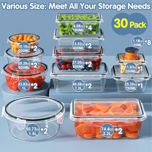 60 Piece Large Food Storage Containers Set (30 pack)