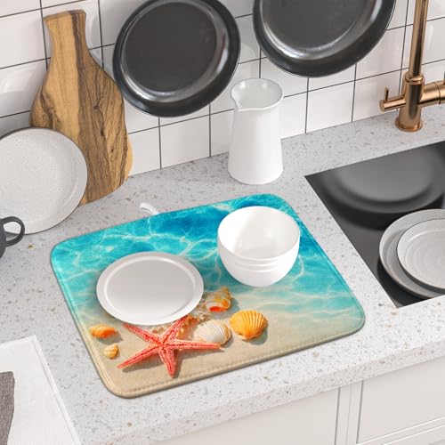 Coastal Starfish Dish Drying Mat 16"x18" Ocean Blue Sea Coral Seashell Dish Drainer Mats Nautical Beach Themed Decorative Reversible Dish Drying Pad for Kitchen Countertop Dining Room (18" x 16")