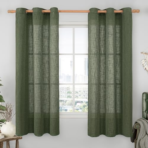 Olive Green Semi Sheer Linen Window Curtains 60 Inch 2 Panels (34"W x 60"L (Pack of 2) / Olive Green)