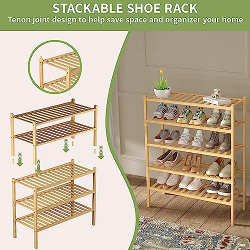 3 Tier Bamboo Shoe Rack for Closet Free Standing Wood Shoe Shelf Storage Organizer for Entryway Small Space Stackable 27"x11"x20" (Natural / 3 Tier)