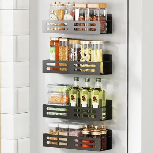 Magnetic Spice Rack for Refrigerator Magnetic Fridge Shelf for Kitchen Magnetic Shelves for Fridge 4 Pack Black (4 Pack No Jars / Black)
