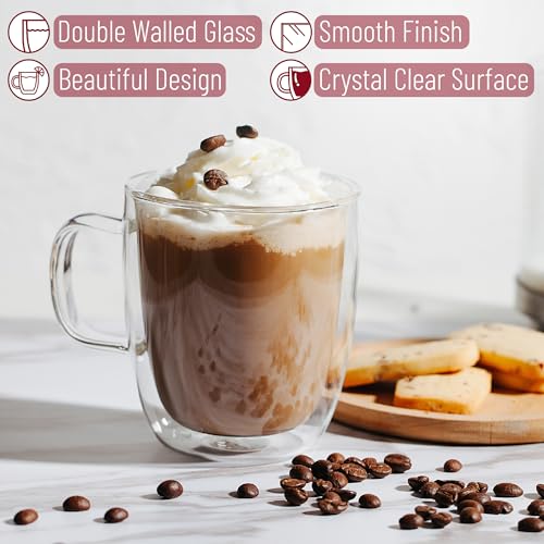 BTaT Double Walled Glass Coffee Mugs (Clear / 12 oz Coffee, Set of 4)