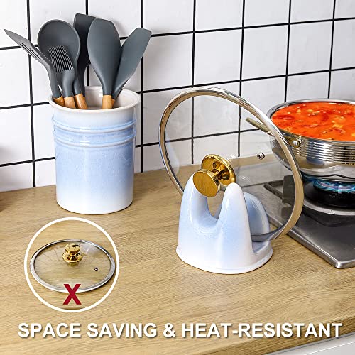Ceramic Pot Lid Holder While Cooking for Kitchen Counter (White & Blue / 5.5 Inch)