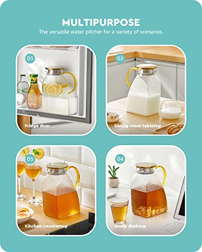 Water Pitcher Glass Jug With Lid and Spout (Hammer Pattern)