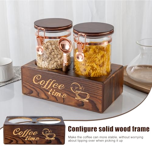Glass Coffee Canister Set with Torched Wood Shelf (Fire-finished process)