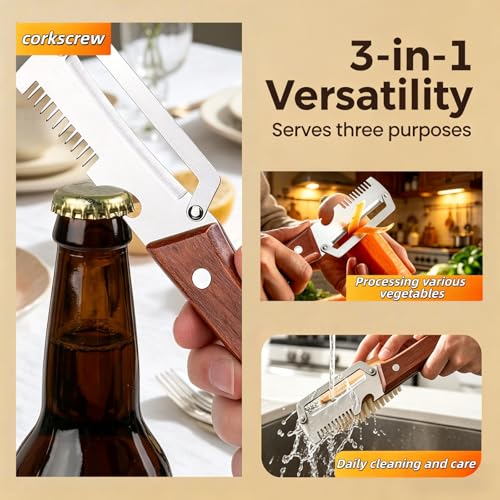 NEW Premium Vegetable Peeler with Wooden Handle and Bottle Opener (1Pack)