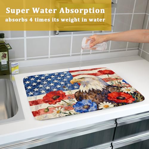 4th of July American Flag Eagle Dish Drying Mat for Kitchen Counter 18x24 Patriotic Floral Memorial Day Absorbent Reversible Microfiber Drying Mats Kitchen Countertop Protector Dishes Drainer Pad (18" x 24")
