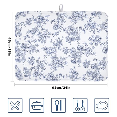 Blue Floral Dish Drying Mat for Kitchen Counter Chinoiserie Flower Microfiber Dish Drainer Mat Vintage Rustic Elegant Absorbent Washable Drying Pad Extra Large 18"x24" (Elegant Blue Flower / 24" x 18")