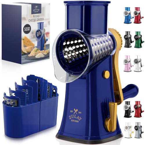 Rotary Cheese Grater Manual Hand Crank 5 Blade Shredder (5 Blades / Blue and Gold)