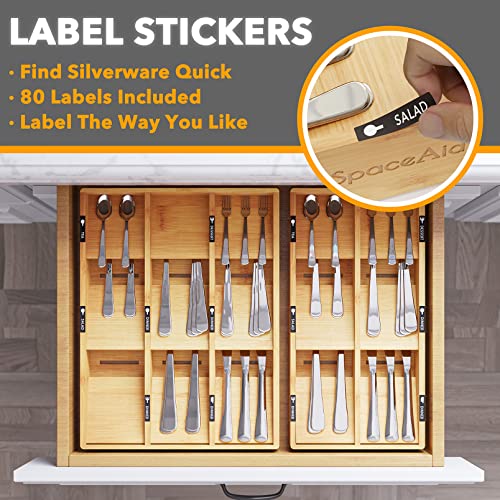 Bamboo Silverware Drawer Organizer with Labels (Natural, 6 Slots)