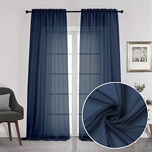 Sheer Window Curtains 108 inch Length 2 Panels Set (Navy Blue / 42"W x 108"L (Pack of 2))