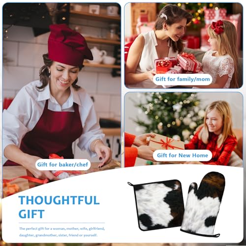 Brown Cowhide Oven Mitts and Pot Holders Sets Heat Resistant 4Pcs Potholders Oven Gloves Hot Pads for Kitchen Baking Cooking Grilling BBQ (Brown Cowhide)