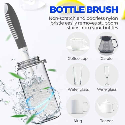 6 Pack Dish Brush Set with Bottle Brush (Gray)