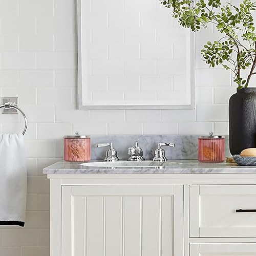 2 Pack Pink Glass Bathroom Canister Set with Silver Metal Lids