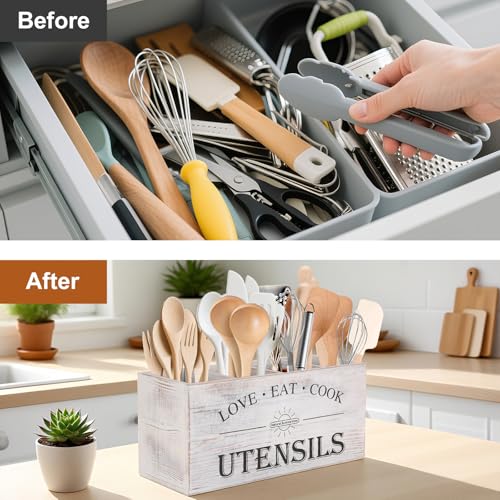2 PC Wooden Utensil Holder (White 2PC)