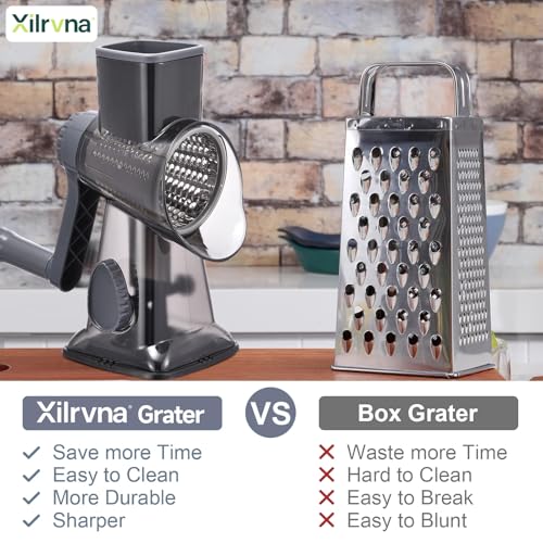 Rotary Cheese Grater with Handle Kitchen Shredder Slicer Grater Slicer Ice Shaver Cheese Vegetable Nuts Potato Zucchini Chocolate 3 Interchangeable Blades (9.06"L x 4.33"W x 9.07"H / Dark Grey TSP)