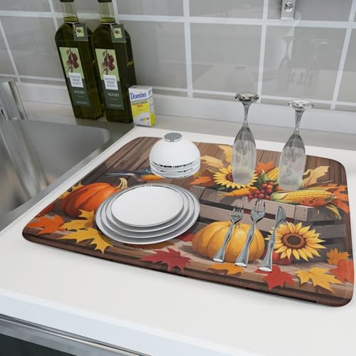 Fall Thanksgiving Dish Drying Mat for Kitchen Counter 18x24 Pumpkin Sunflower Bird Autumn Harvest Theme Absorbent Reversible Microfiber Drying Mats Kitchen Countertop Protector Dishes Drainer Pad (18" x 24")