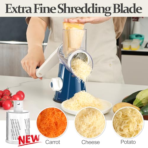 Rotary Cheese Grater Hand Crank Cheese Shredder for Fresh Cheese (5 BLADES / Dark Blue)