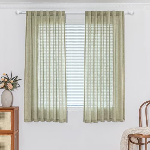 Sage Green Sheer Curtains Short Window Treatment Panels Light Filtering Semi Sheer Curtains Boho Farmhouse Style Texture Soft Touch Kitchen Drapes Set (50"W x 63"L (Pack of 2) / Sage Green)