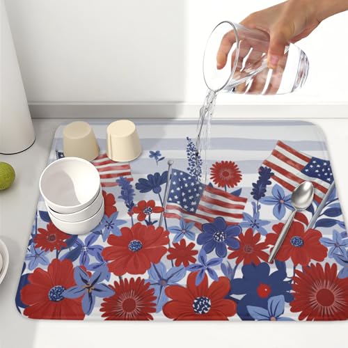 Patriotic Floral Dish Drying Mat for Kitchen Counter 4th of July American Flag Microfiber Dish Drainer Mat Red and Blue Flower Absorbent Washable Drying Pad 16"x18" (Patriotic Floral Flag / 18" x 16")