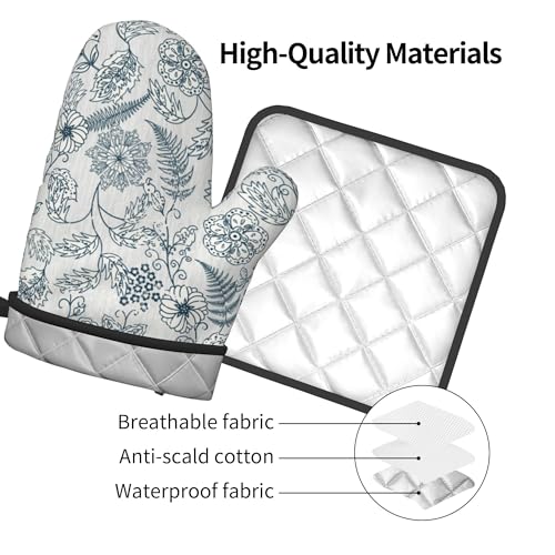 Blue Floral Oven Mitts Set (Vintage Blue White Floral)