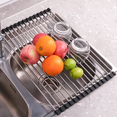 Roll Up Dish Drying Rack Over the Sink Drying Rack for Kitchen Counter (Black / 17.5 x 11.8 in)