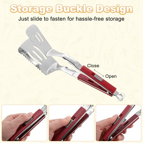 Spatula Tongs (Red Handle, Silver Tone)