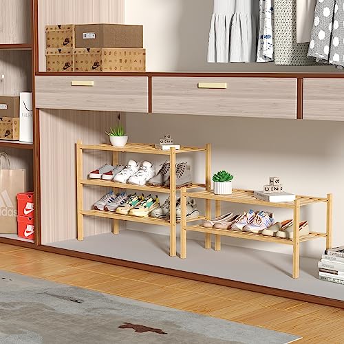 3 Tier Bamboo Shoe Rack for Closet Free Standing Wood Shoe Shelf Storage Organizer for Entryway Small Space Stackable 27"x11"x20" (Natural / 3 Tier)