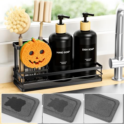 Kitchen Dish Soap Dispenser Set (Black Tray+black Bottle+labels)
