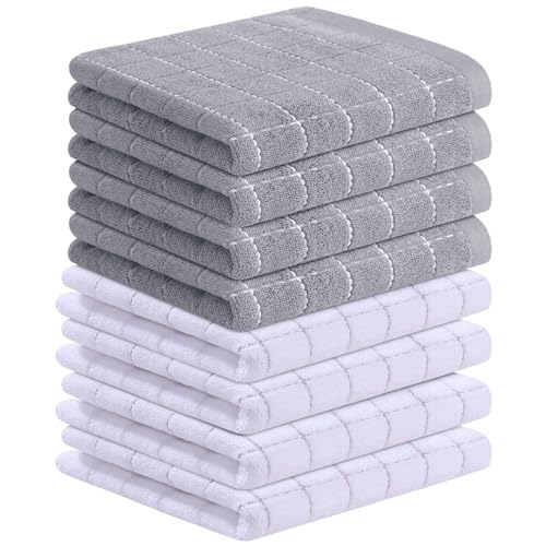 100% Cotton Terry Kitchen Towels (White and Light Grey / 13 X 28 - 8 Pack)