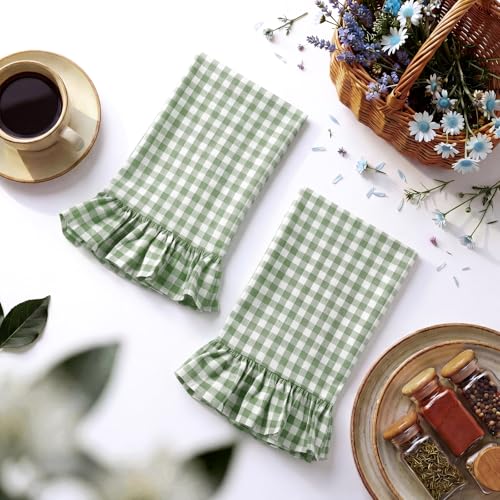 2 Pcs Green Gingham Kitchen Towels Cotton Ruffled (Green / Gingham)