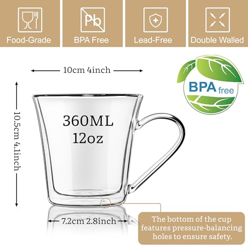 Wide Mouth Double Walled Glass Coffee Mugs (Clear mug-12oz)